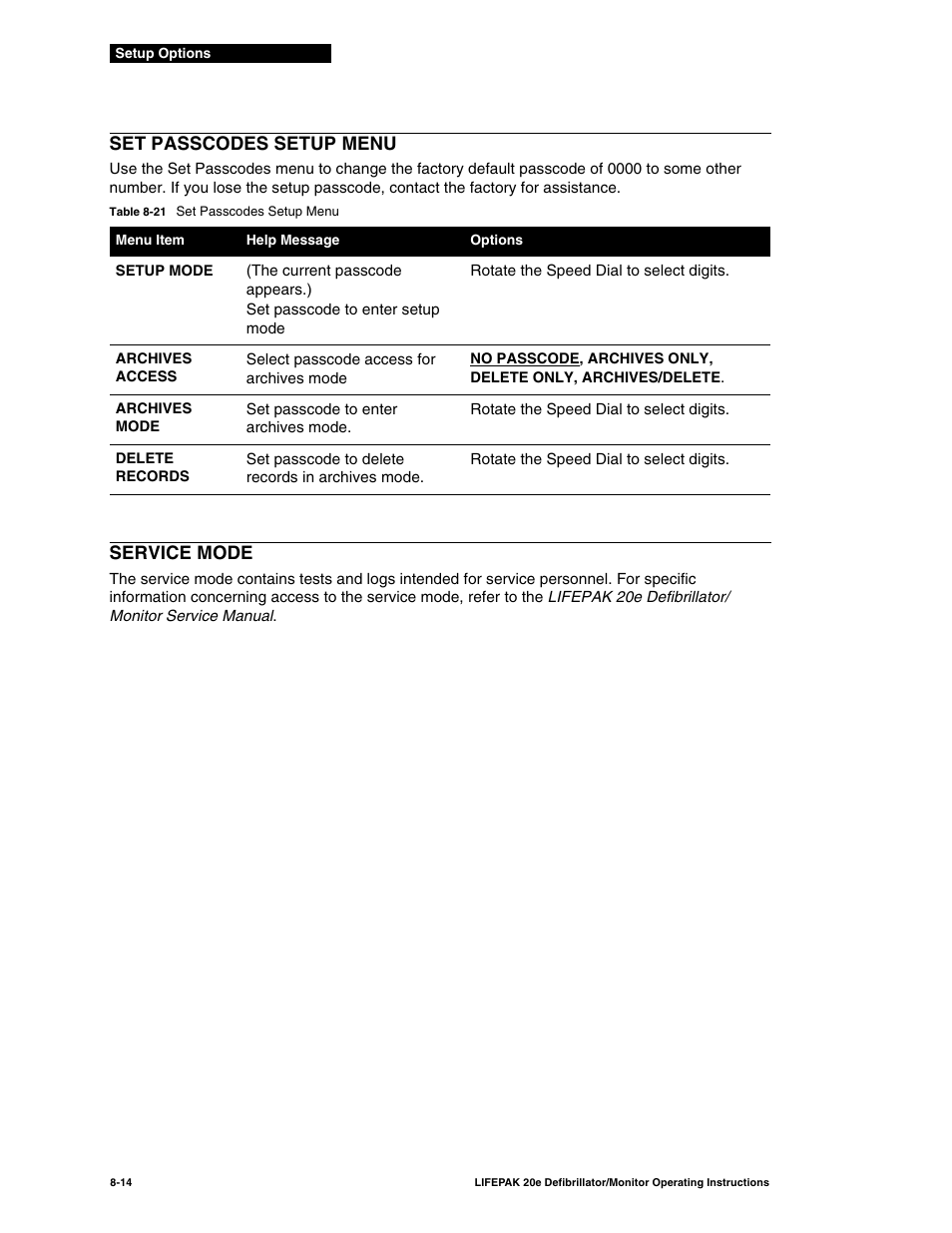 Set passcodes setup menu, Service mode, Set passcodes setup menu -14 service mode -14 | Table 8-21 | Physio-Control LIFEPAK 20e User Manual | Page 150 / 218