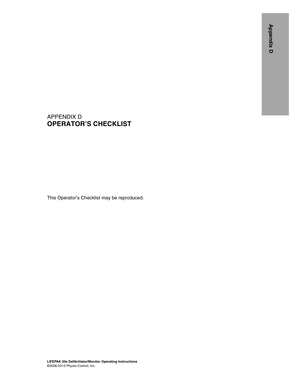 Operator’s checklist, D operator’s checklist, Appendix d | Physio-Control LIFEPAK 20e User Manual | Page 185 / 218