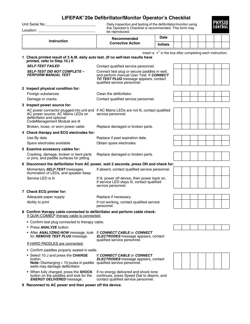 Lifepak, 20e defibrillator, 20e defibrillator/monitor operator’s checklist | Physio-Control LIFEPAK 20e User Manual | Page 187 / 218