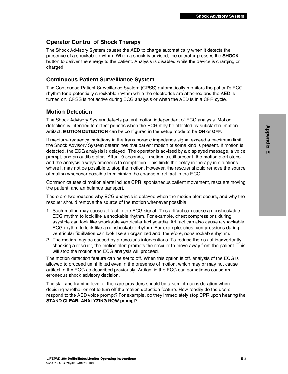 Operator control of shock therapy, Continuous patient surveillance system, Motion detection | Physio-Control LIFEPAK 20e User Manual | Page 193 / 218