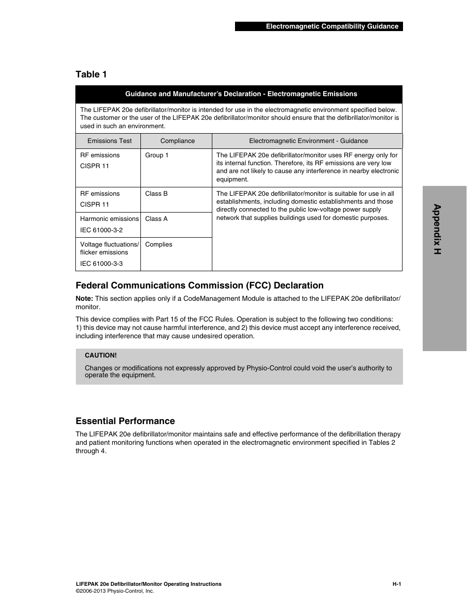 Table 1, Essential performance, Appendix h | Physio-Control LIFEPAK 20e User Manual | Page 207 / 218