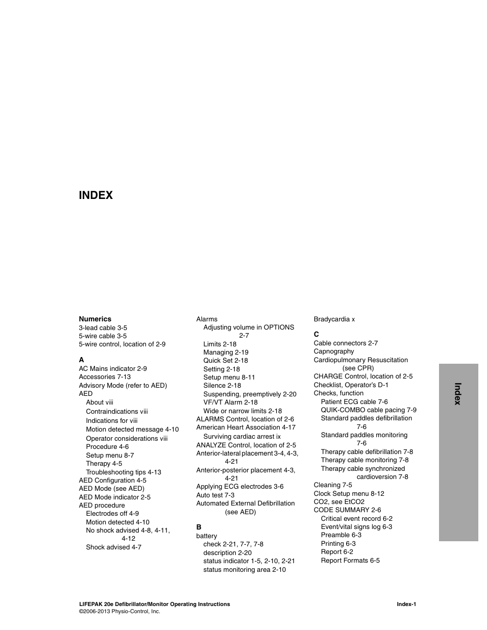 Index, Numerics, Inde x | Physio-Control LIFEPAK 20e User Manual | Page 213 / 218