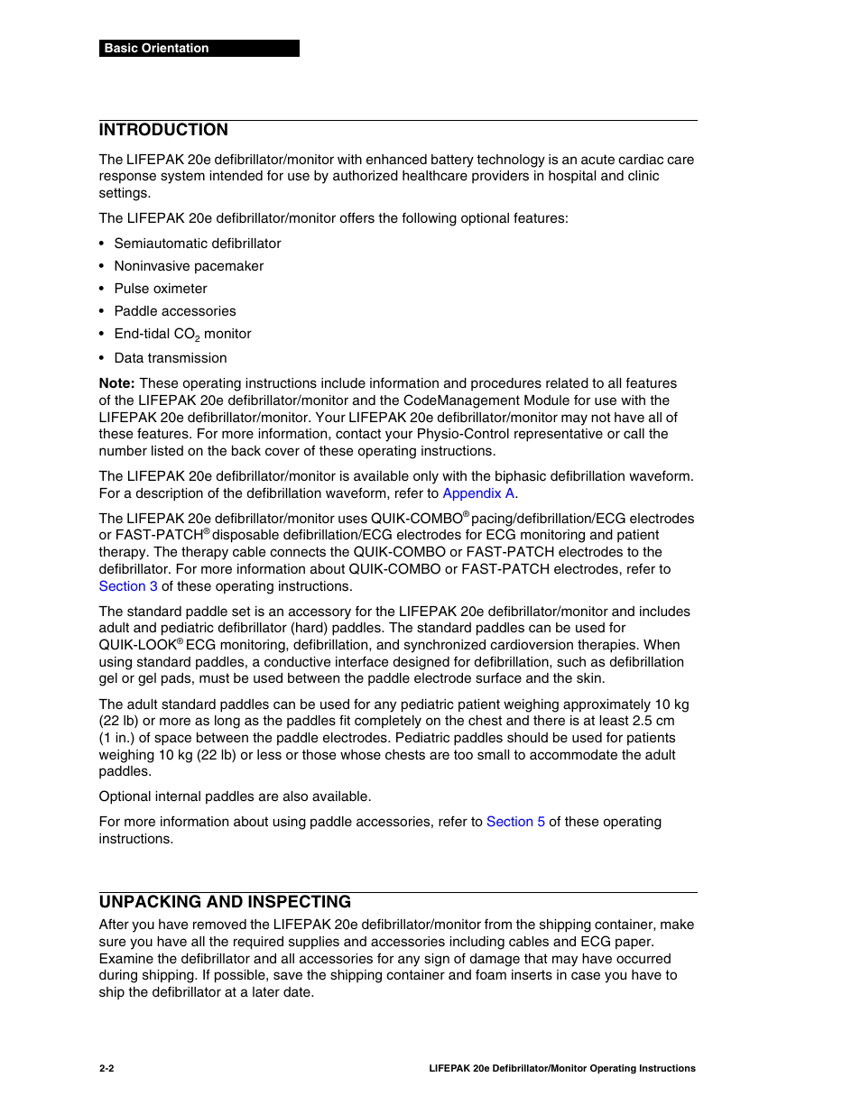 Introduction, Unpacking and inspecting, Introduction -2 unpacking and inspecting -2 | Physio-Control LIFEPAK 20e User Manual | Page 24 / 218