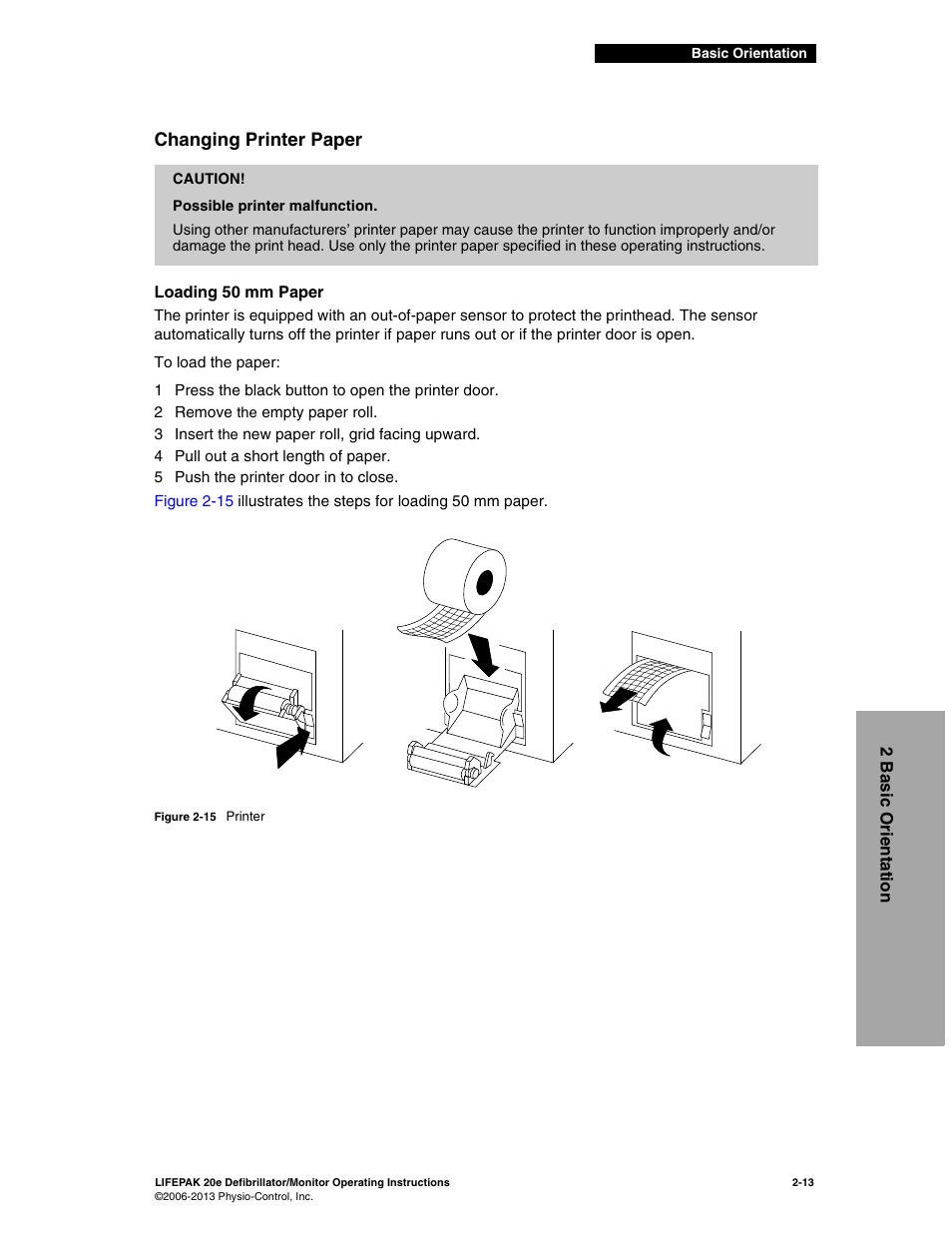 Changing printer paper, Changing printer paper -13, Figure 2-15 | Physio-Control LIFEPAK 20e User Manual | Page 35 / 218