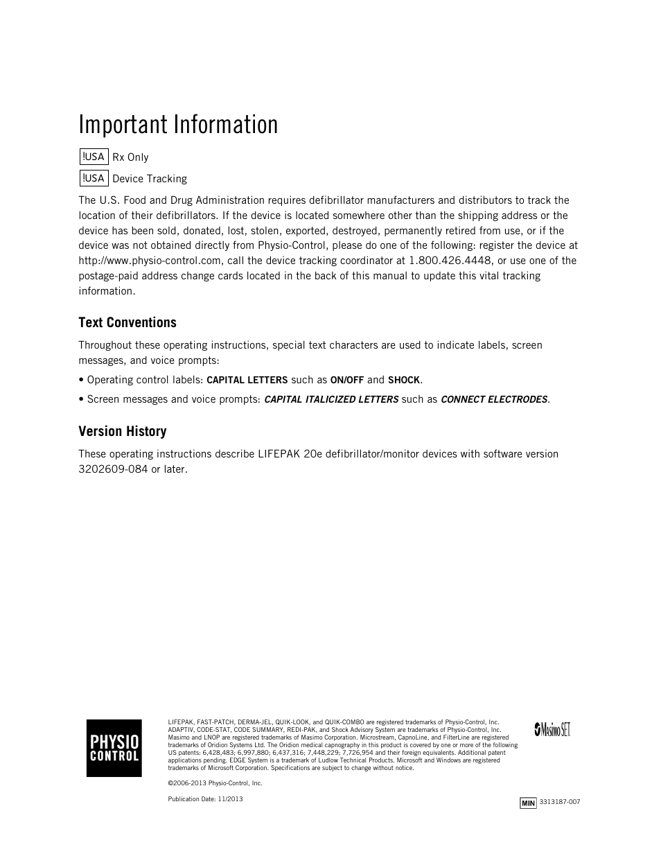 Important information, Text conventions, Version history | Physio-Control LIFEPAK 20e User Manual | Page 4 / 218