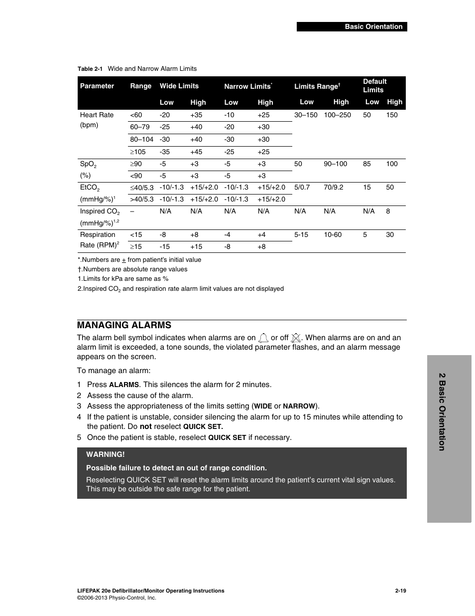 Managing alarms, Managing alarms -19, Table 2-1 | Physio-Control LIFEPAK 20e User Manual | Page 41 / 218