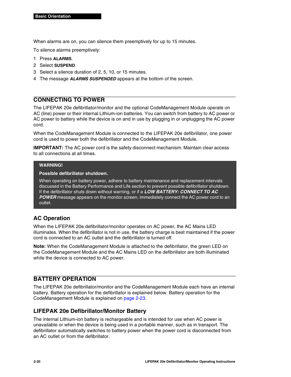 Connecting to power, Ac operation, Battery operation | Lifepak 20e defibrillator/monitor battery, Connecting to power -20, Ac operation -20, Battery operation -20, Lifepak 20e defibrillator/monitor battery -20 | Physio-Control LIFEPAK 20e User Manual | Page 42 / 218