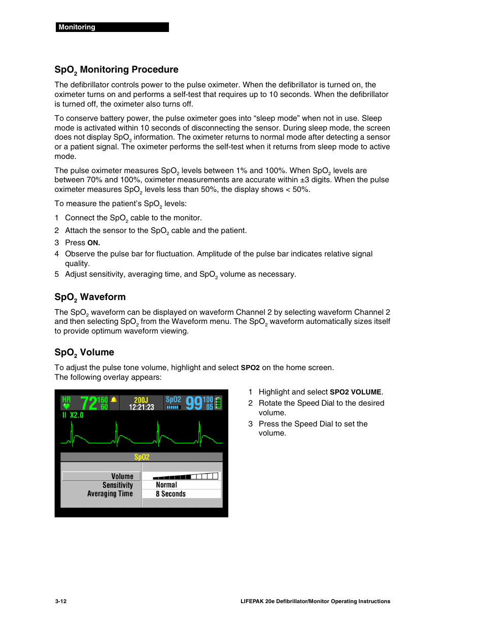 Spo2 monitoring procedure, Spo2 waveform, Spo2 volume | Monitoring procedure, Waveform, Volume | Physio-Control LIFEPAK 20e User Manual | Page 58 / 218