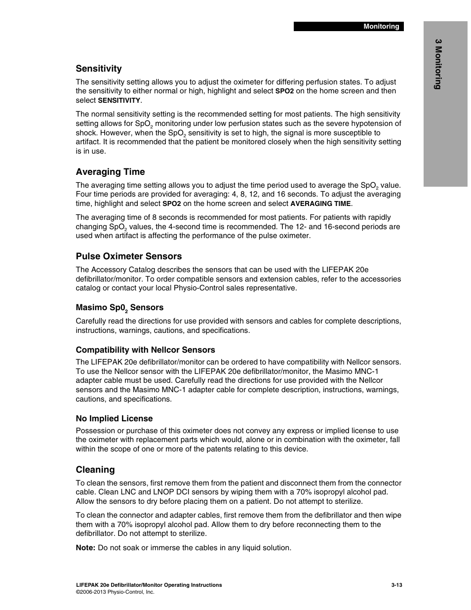 Sensitivity, Averaging time, Pulse oximeter sensors | Cleaning, No implied license | Physio-Control LIFEPAK 20e User Manual | Page 59 / 218