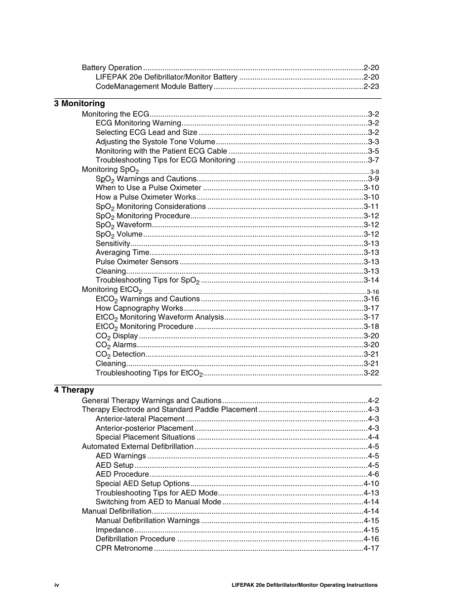 3 monitoring, 4 therapy | Physio-Control LIFEPAK 20e User Manual | Page 6 / 218