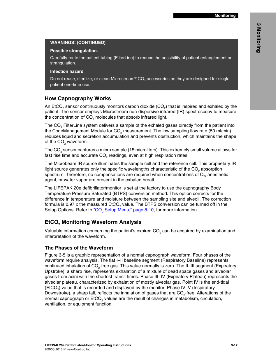 How capnography works, Etco2 monitoring waveform analysis, How capnography works -17 etco | Etco, Monitoring waveform analysis, 3m o n itoring, The phases of the waveform | Physio-Control LIFEPAK 20e User Manual | Page 63 / 218