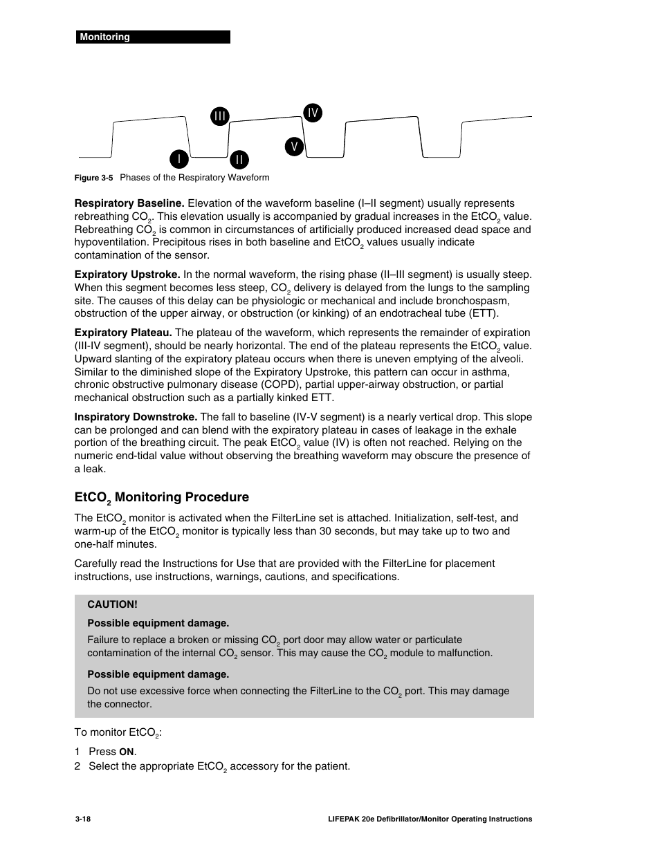 Etco2 monitoring procedure, Etco, Monitoring procedure | Figure 3-5 is a gra, Iv v ii iii i | Physio-Control LIFEPAK 20e User Manual | Page 64 / 218