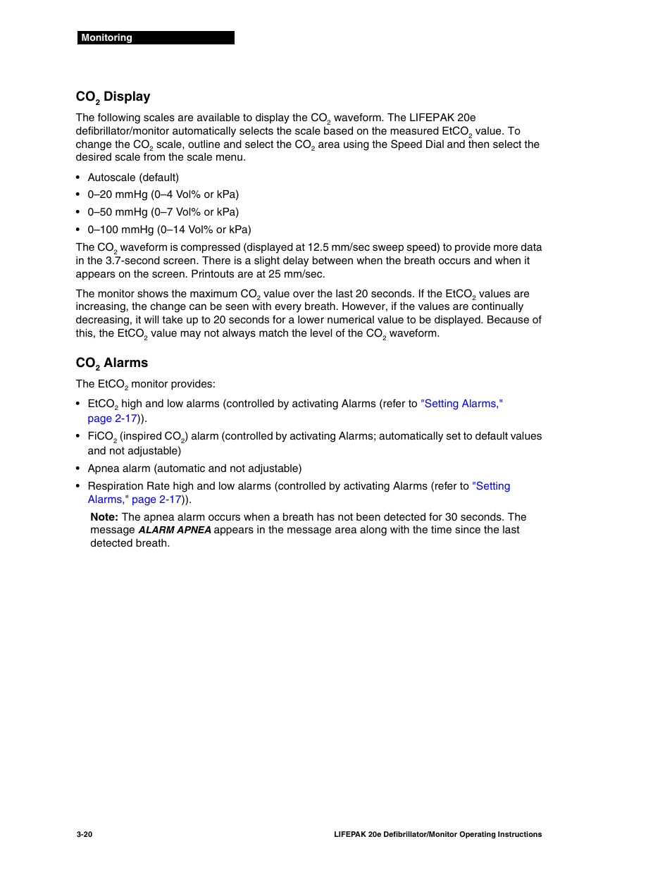 Co2 display, Co2 alarms, Display | Alarms | Physio-Control LIFEPAK 20e User Manual | Page 66 / 218