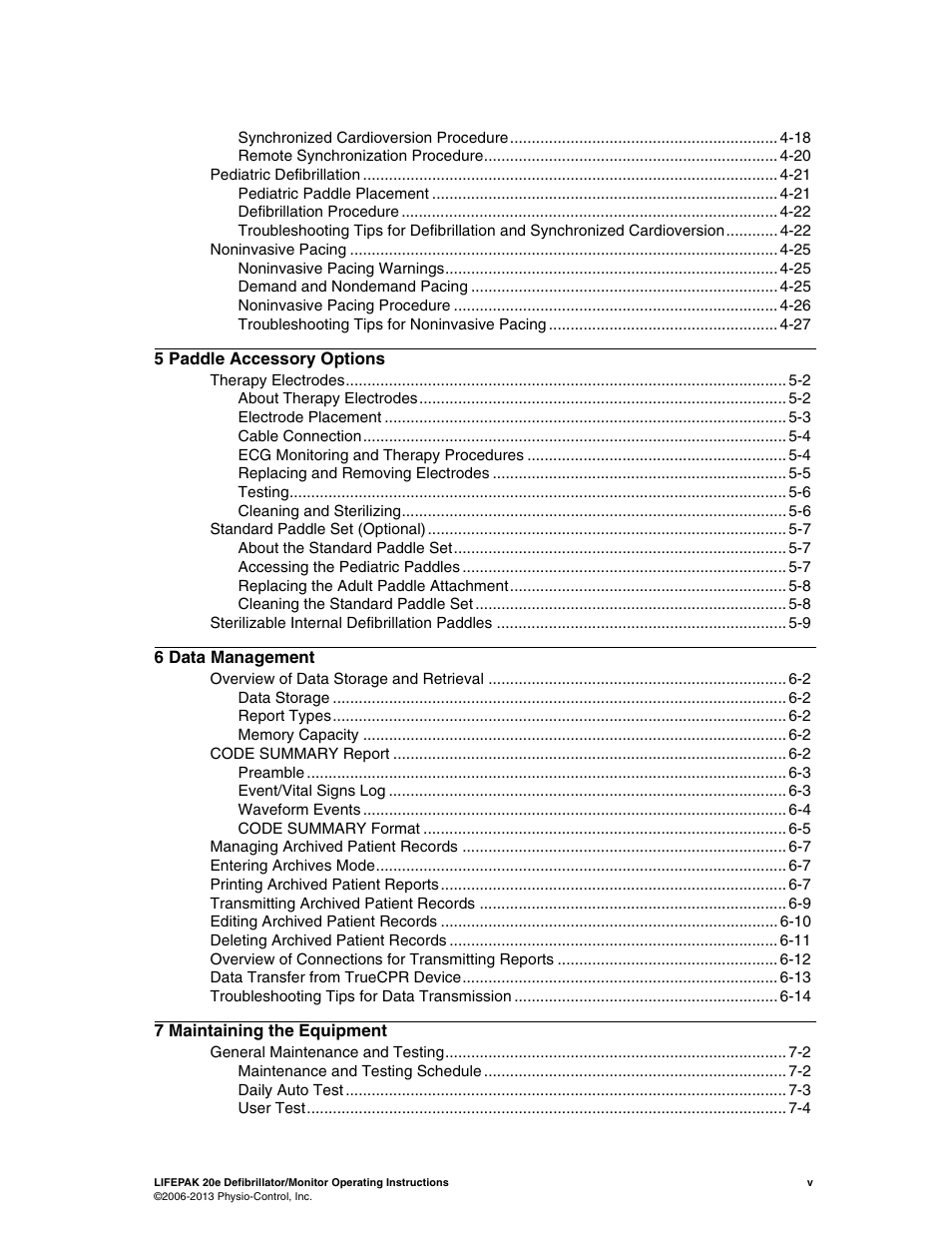 5 paddle accessory options, 6 data management, 7 maintaining the equipment | Physio-Control LIFEPAK 20e User Manual | Page 7 / 218