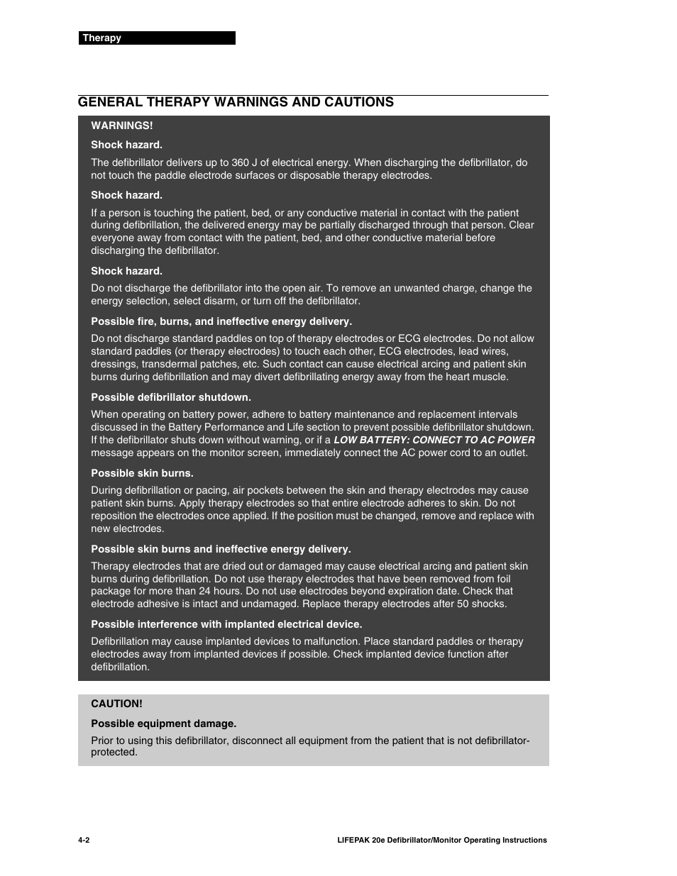 General therapy warnings and cautions, General therapy warnings and cautions -2 | Physio-Control LIFEPAK 20e User Manual | Page 72 / 218