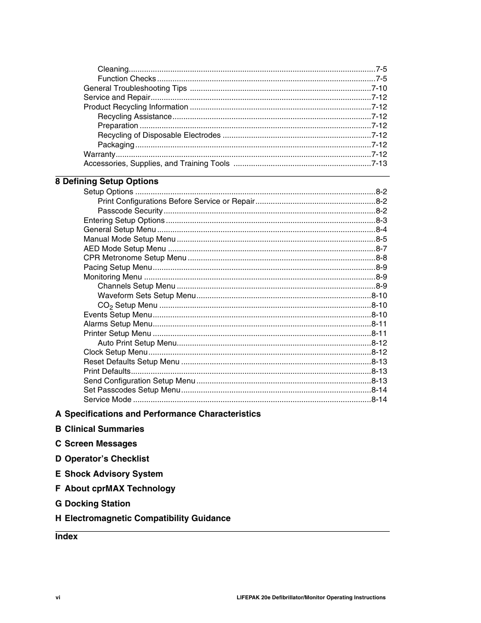 8 defining setup options, A specifications and performance characteristics, B clinical summaries | C screen messages, D operator’s checklist, E shock advisory system, F about cprmax technology, G docking station, H electromagnetic compatibility guidance | Physio-Control LIFEPAK 20e User Manual | Page 8 / 218