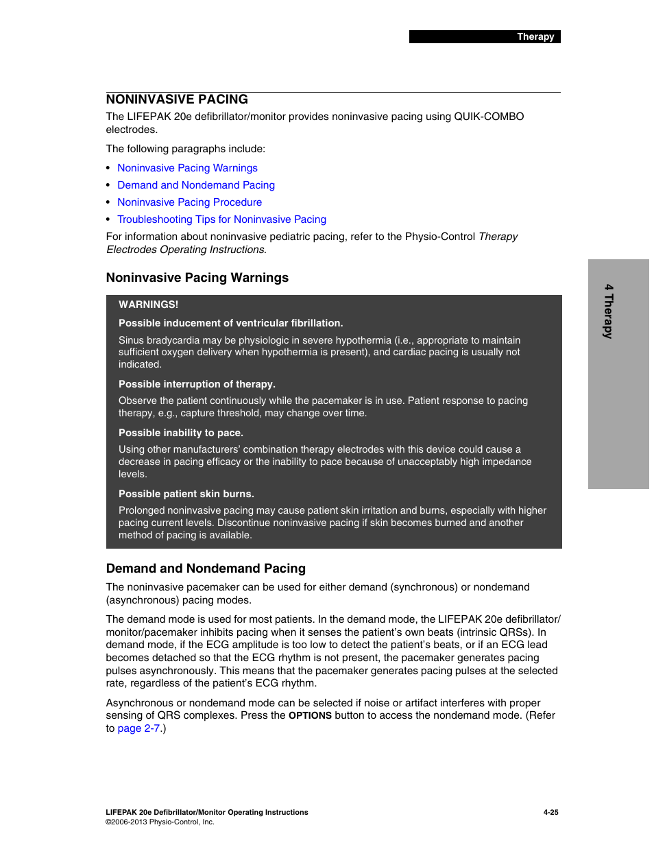 Noninvasive pacing, Noninvasive pacing warnings, Demand and nondemand pacing | Noninvasive pacing -25, Refer to | Physio-Control LIFEPAK 20e User Manual | Page 95 / 218