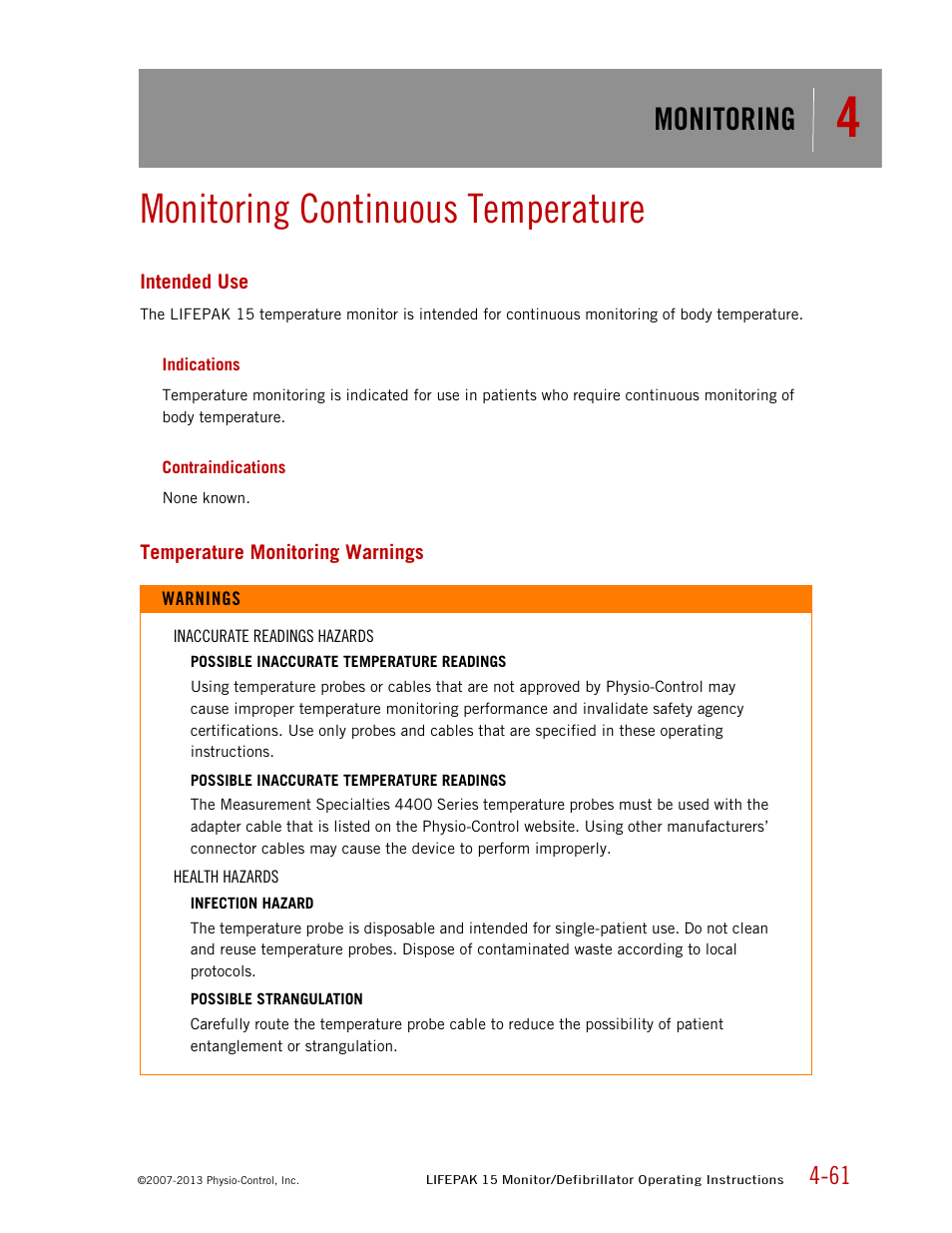 Monitoring continuous temperature, Intended use, Indications | Contraindications, Temperature monitoring warnings, Monitoring | Physio-Control LIFEPAK 15 User Manual | Page 105 / 290