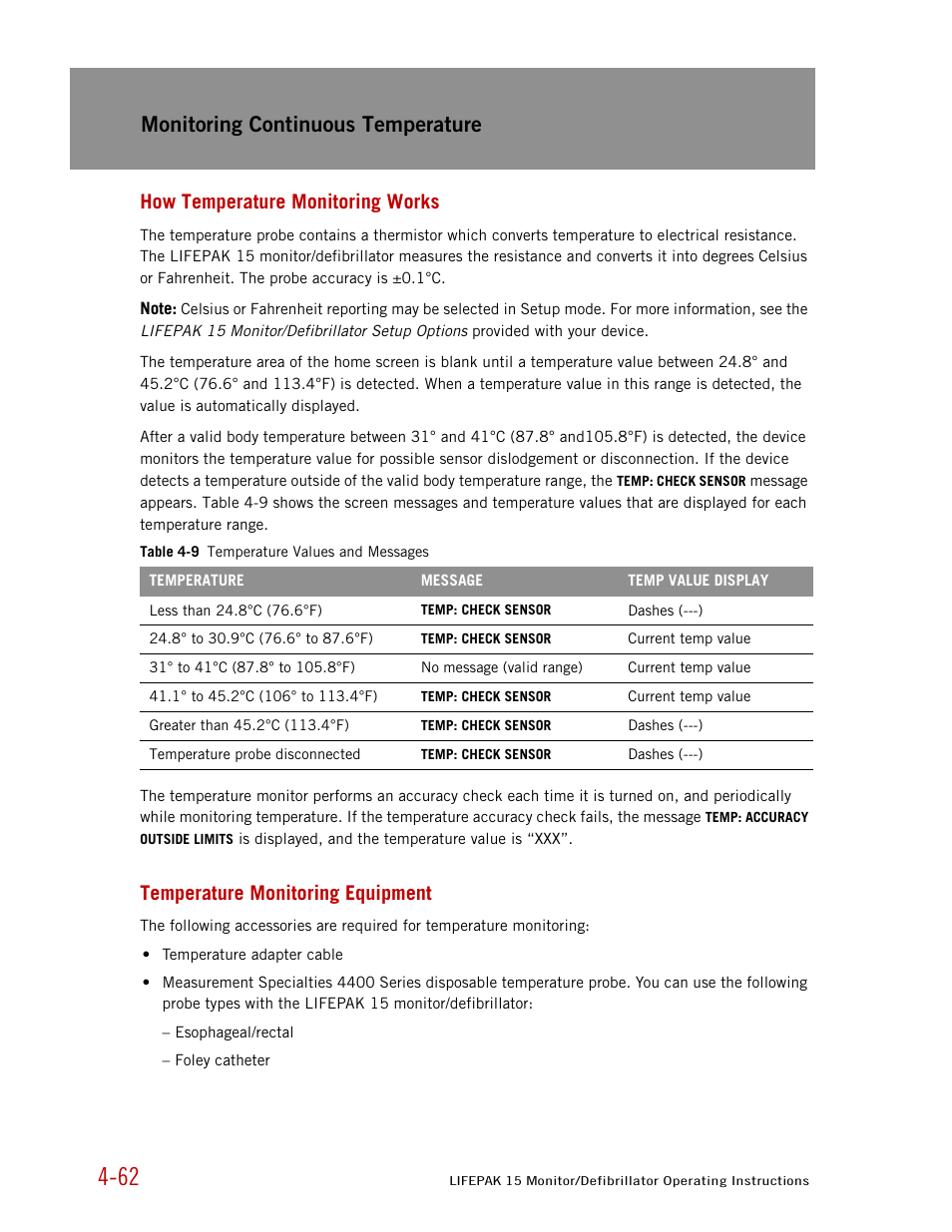 How temperature monitoring works, Temperature monitoring equipment, Monitoring continuous temperature | Physio-Control LIFEPAK 15 User Manual | Page 106 / 290