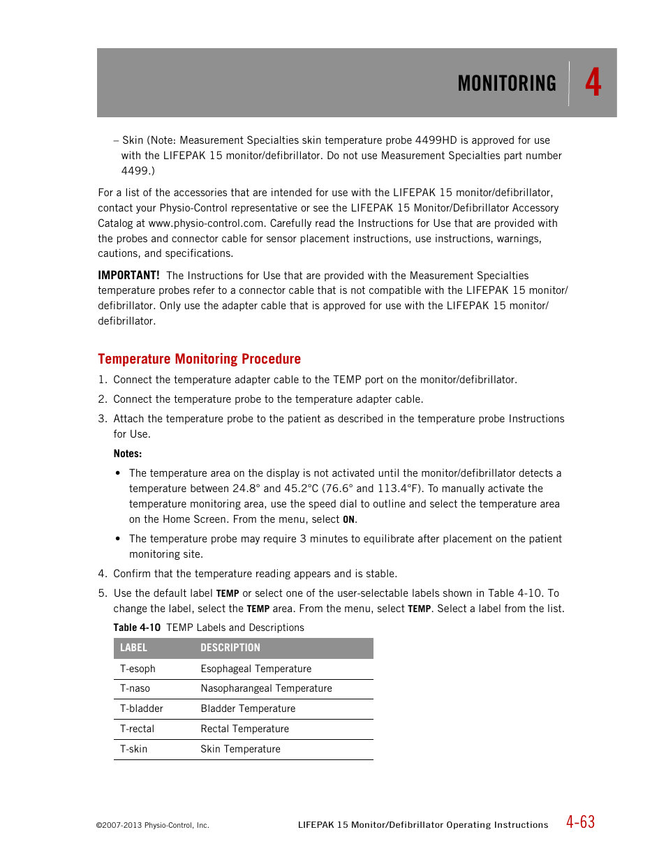 Temperature monitoring procedure, Monitoring | Physio-Control LIFEPAK 15 User Manual | Page 107 / 290