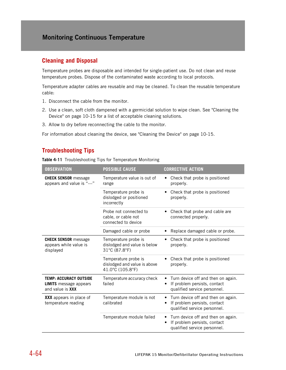 Cleaning and disposal, Troubleshooting tips, Monitoring continuous temperature | Physio-Control LIFEPAK 15 User Manual | Page 108 / 290