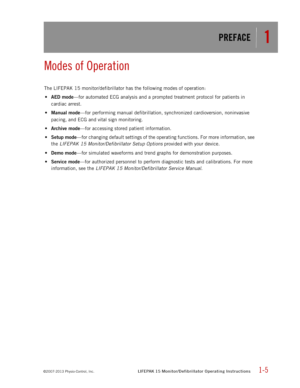 Modes of operation, Preface | Physio-Control LIFEPAK 15 User Manual | Page 11 / 290