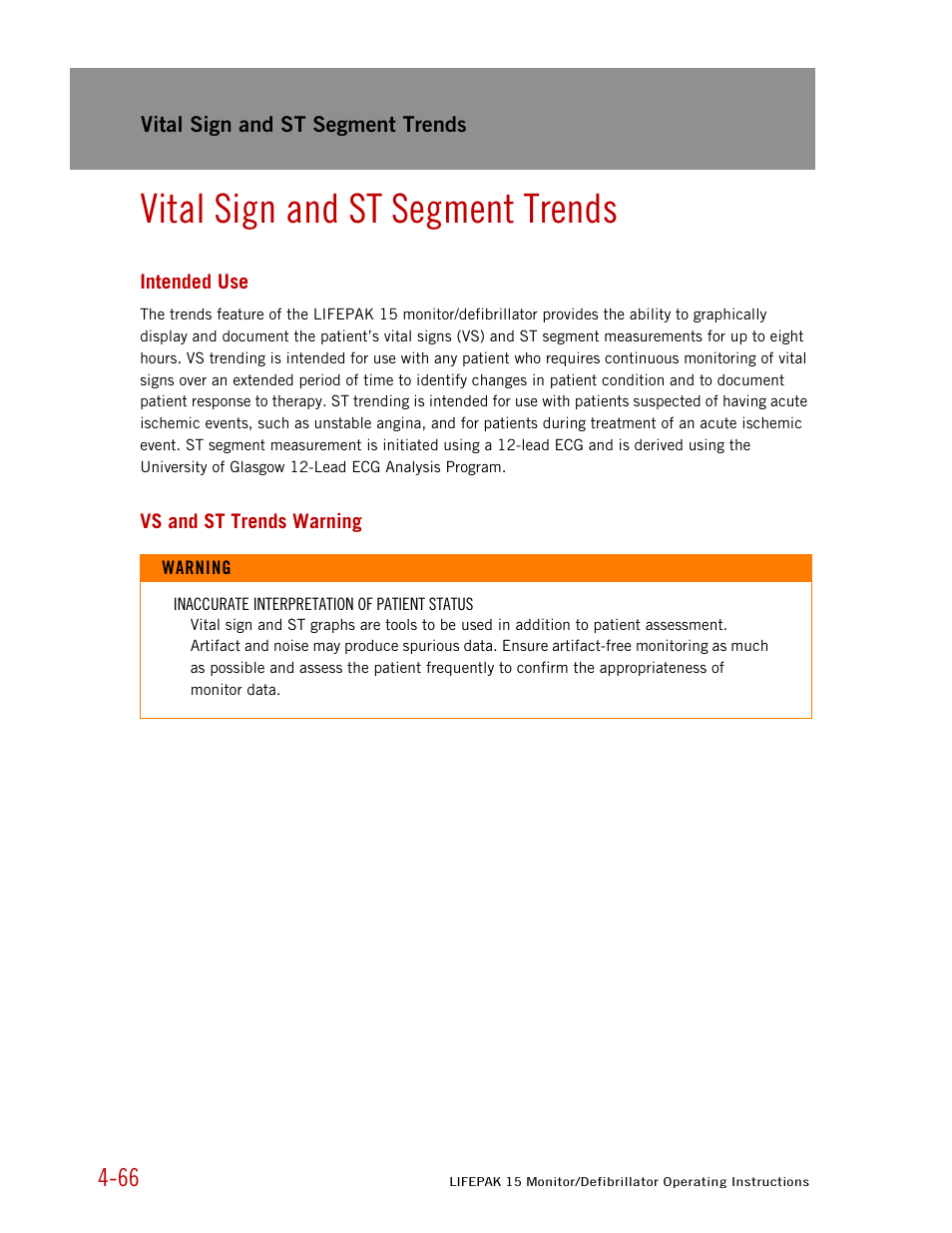 Vital sign and st segment trends, Intended use, Vs and st trends warning | Physio-Control LIFEPAK 15 User Manual | Page 110 / 290