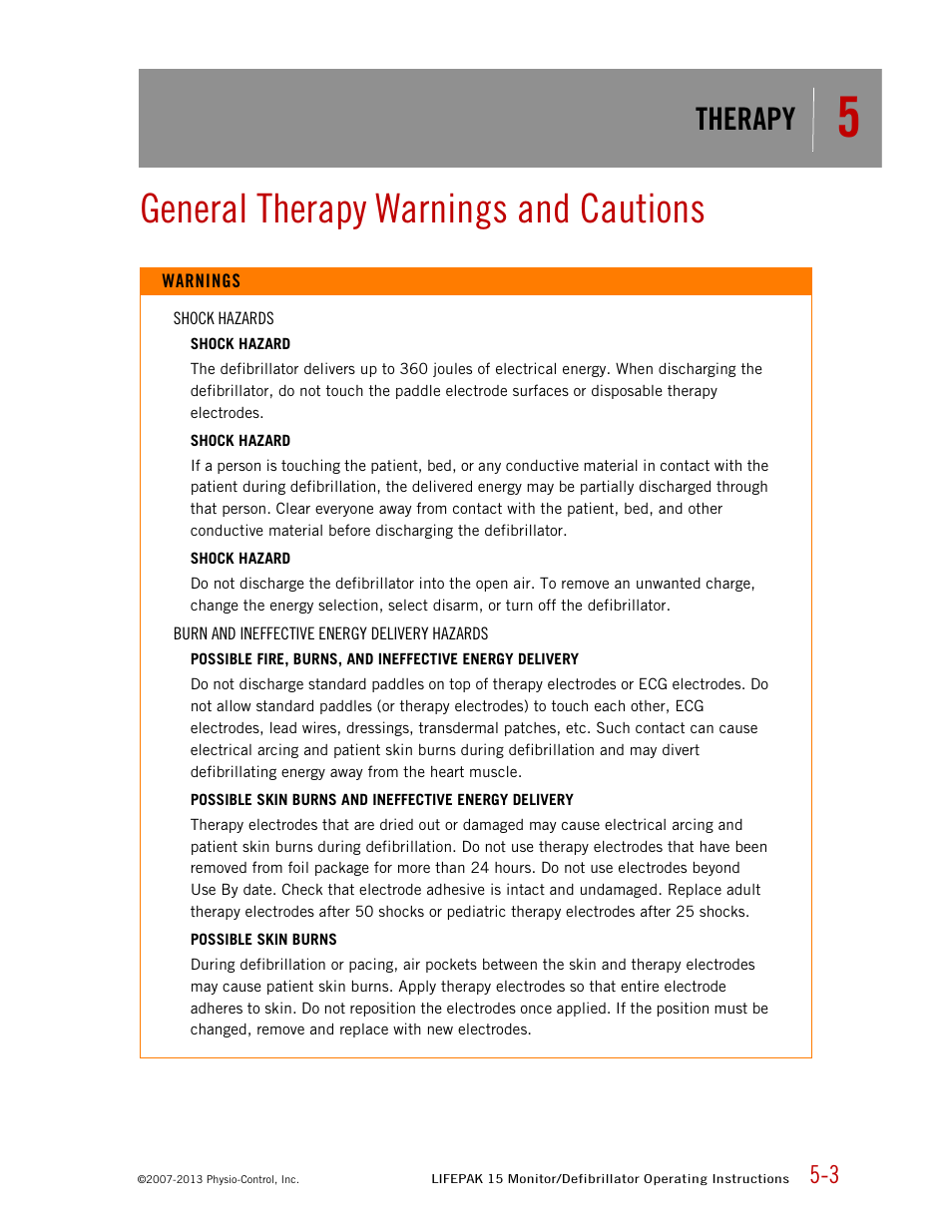 General therapy warnings and cautions, Therapy | Physio-Control LIFEPAK 15 User Manual | Page 117 / 290