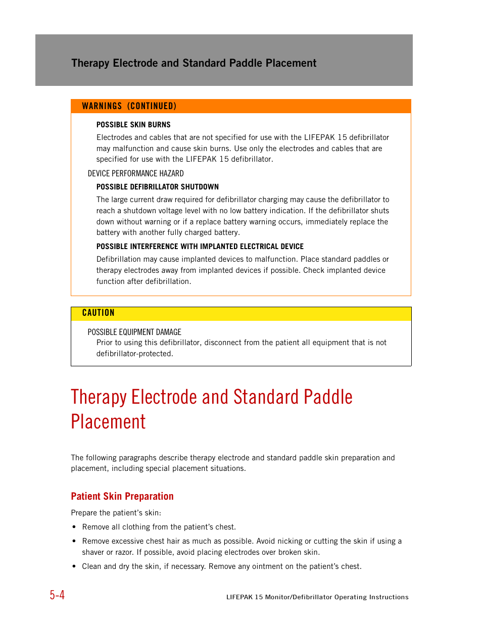 Therapy electrode and standard paddle placement, Patient skin preparation | Physio-Control LIFEPAK 15 User Manual | Page 118 / 290