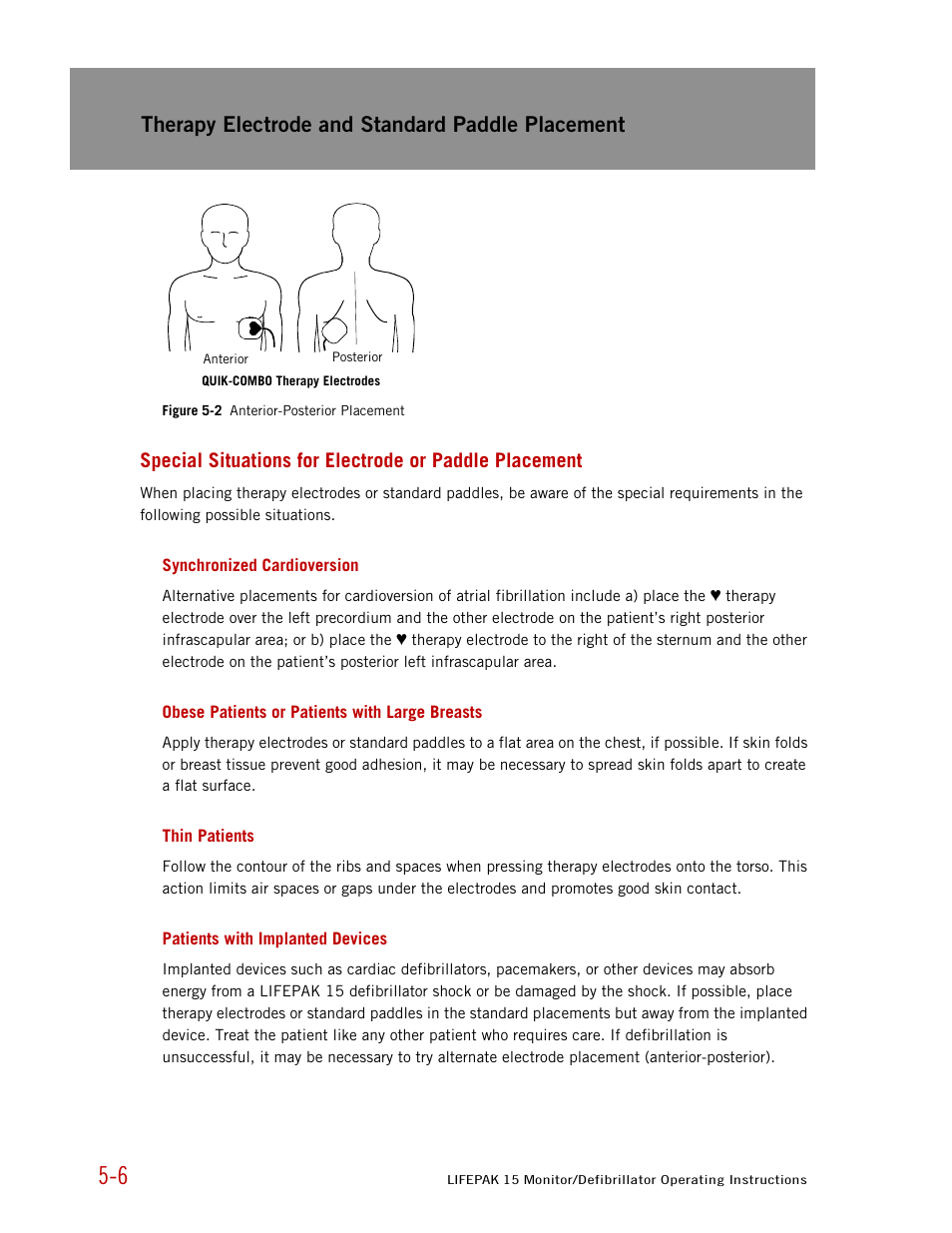 Synchronized cardioversion, Obese patients or patients with large breasts, Thin patients | Patients with implanted devices, Figure 5-2, Therapy electrode and standard paddle placement | Physio-Control LIFEPAK 15 User Manual | Page 120 / 290