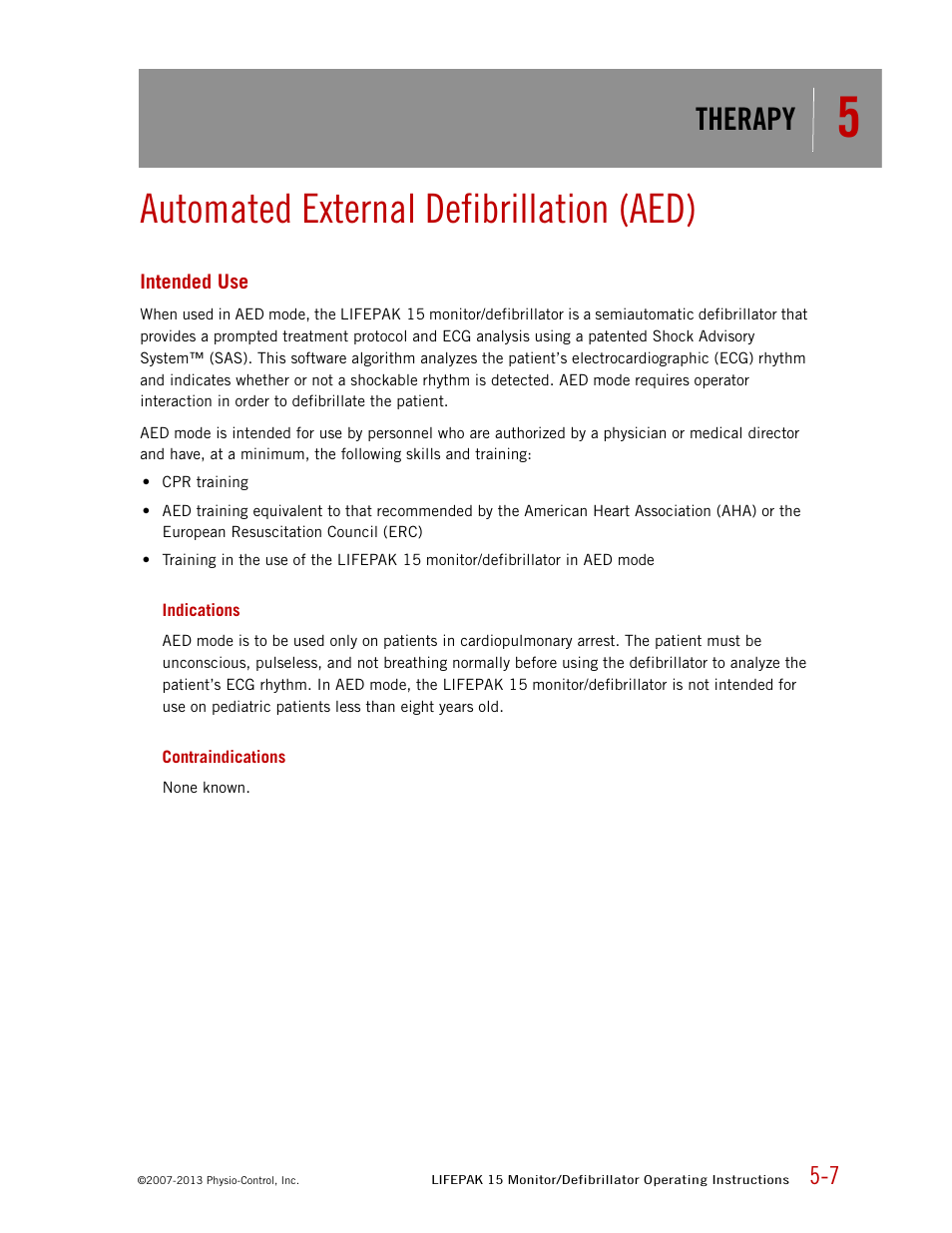Automated external defibrillation (aed), Intended use, Indications | Contraindications, Therapy | Physio-Control LIFEPAK 15 User Manual | Page 121 / 290