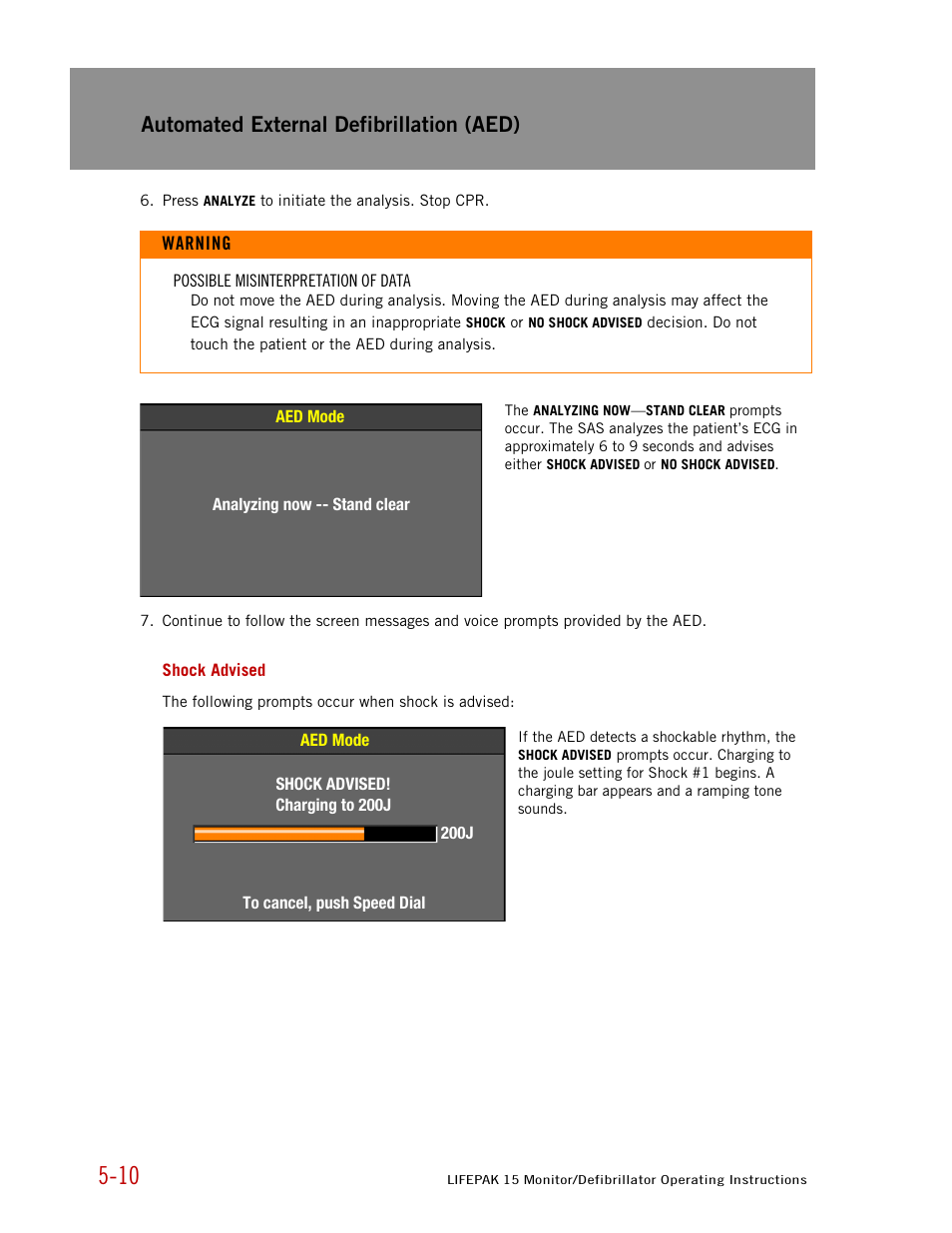Shock advised, Automated external defibrillation (aed) | Physio-Control LIFEPAK 15 User Manual | Page 124 / 290