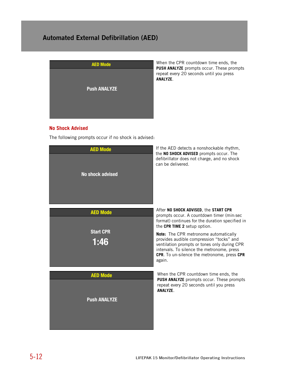 No shock advised, Automated external defibrillation (aed) | Physio-Control LIFEPAK 15 User Manual | Page 126 / 290