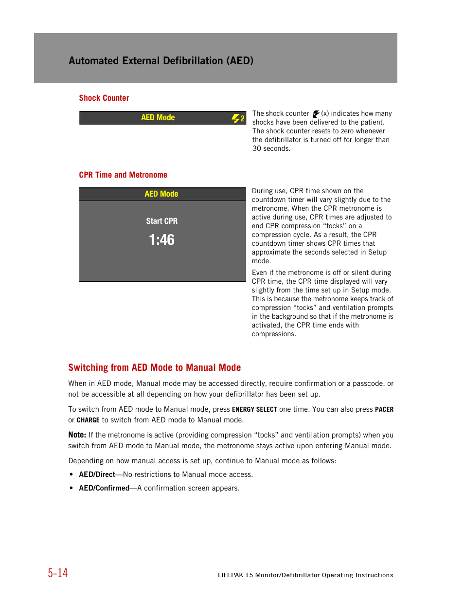 Shock counter, Cpr time and metronome, Switching from aed mode to manual mode | Cpr time and, Automated external defibrillation (aed) | Physio-Control LIFEPAK 15 User Manual | Page 128 / 290