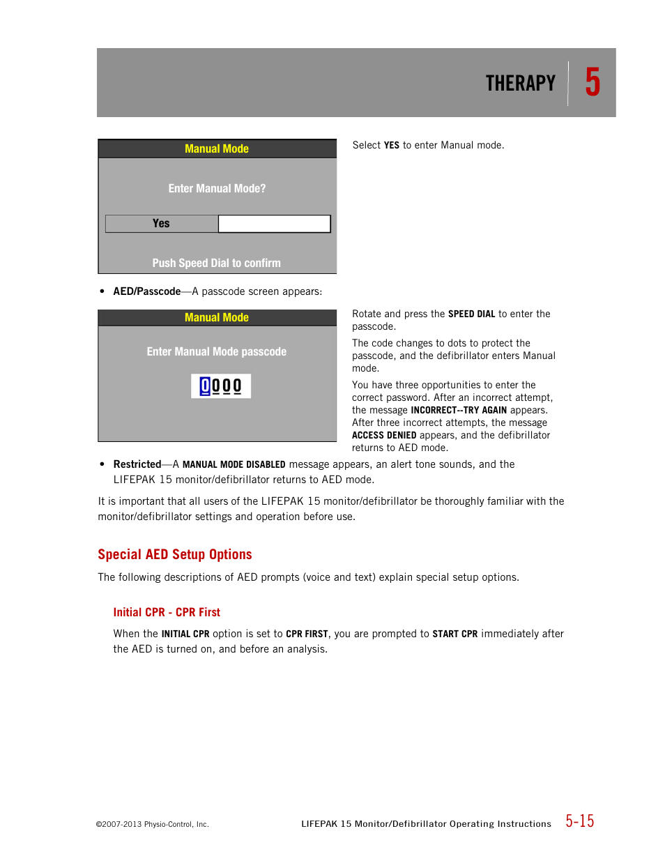 Special aed setup options, Initial cpr - cpr first, Therapy | Physio-Control LIFEPAK 15 User Manual | Page 129 / 290