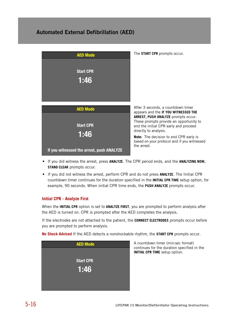 Initial cpr - analyze first, Automated external defibrillation (aed) | Physio-Control LIFEPAK 15 User Manual | Page 130 / 290