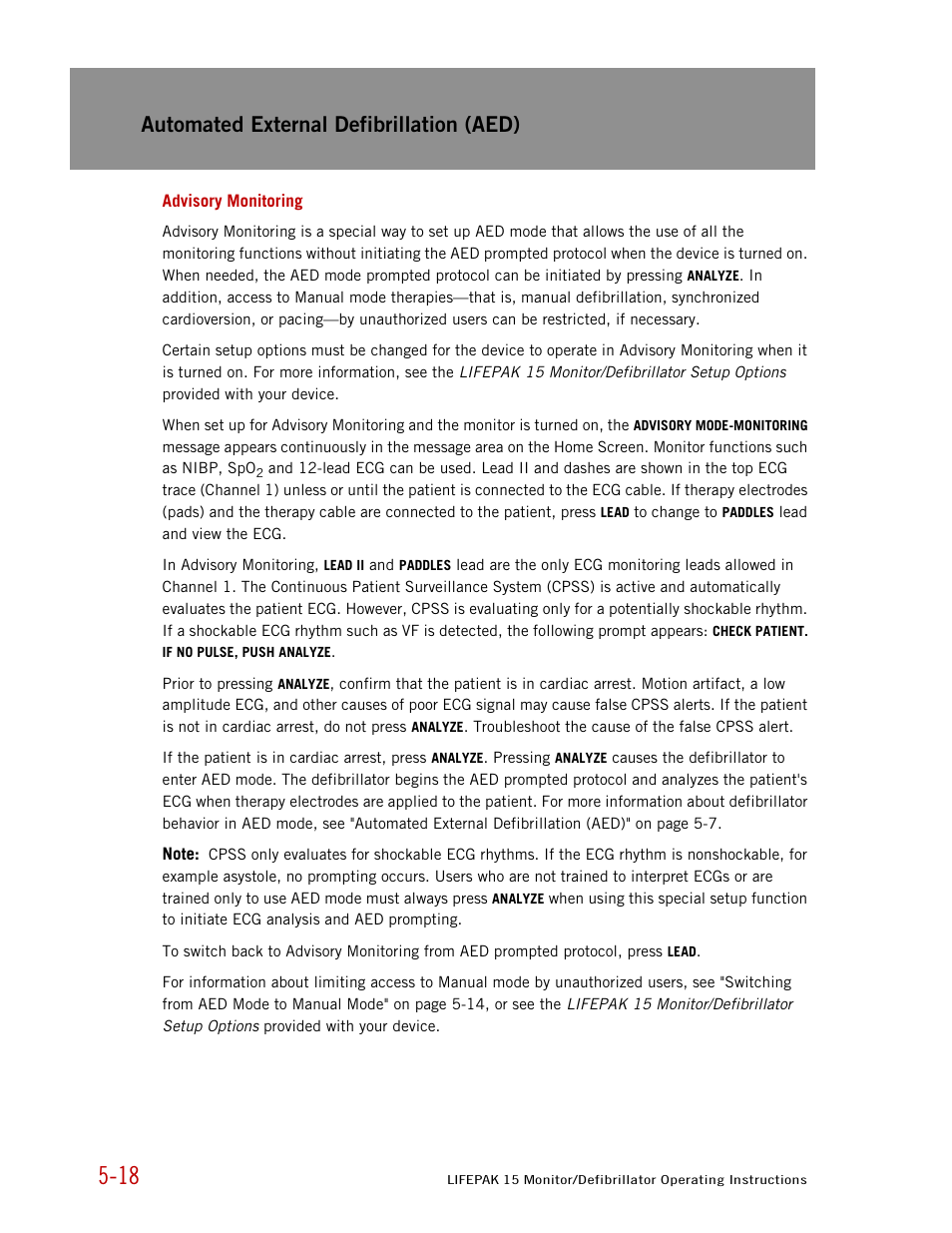 Advisory monitoring, Automated external defibrillation (aed) | Physio-Control LIFEPAK 15 User Manual | Page 132 / 290
