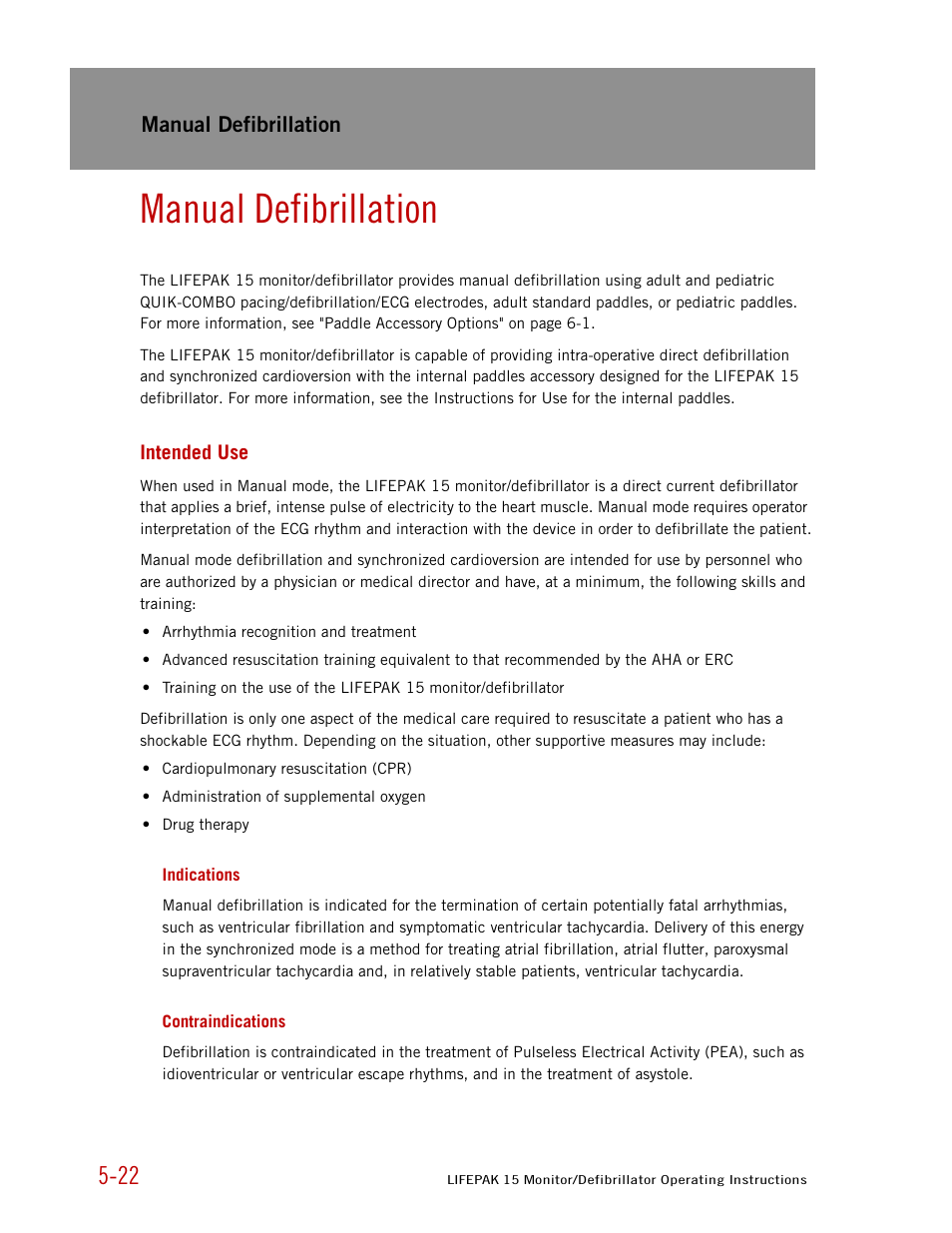 Manual defibrillation, Intended use, Indications | Contraindications | Physio-Control LIFEPAK 15 User Manual | Page 136 / 290