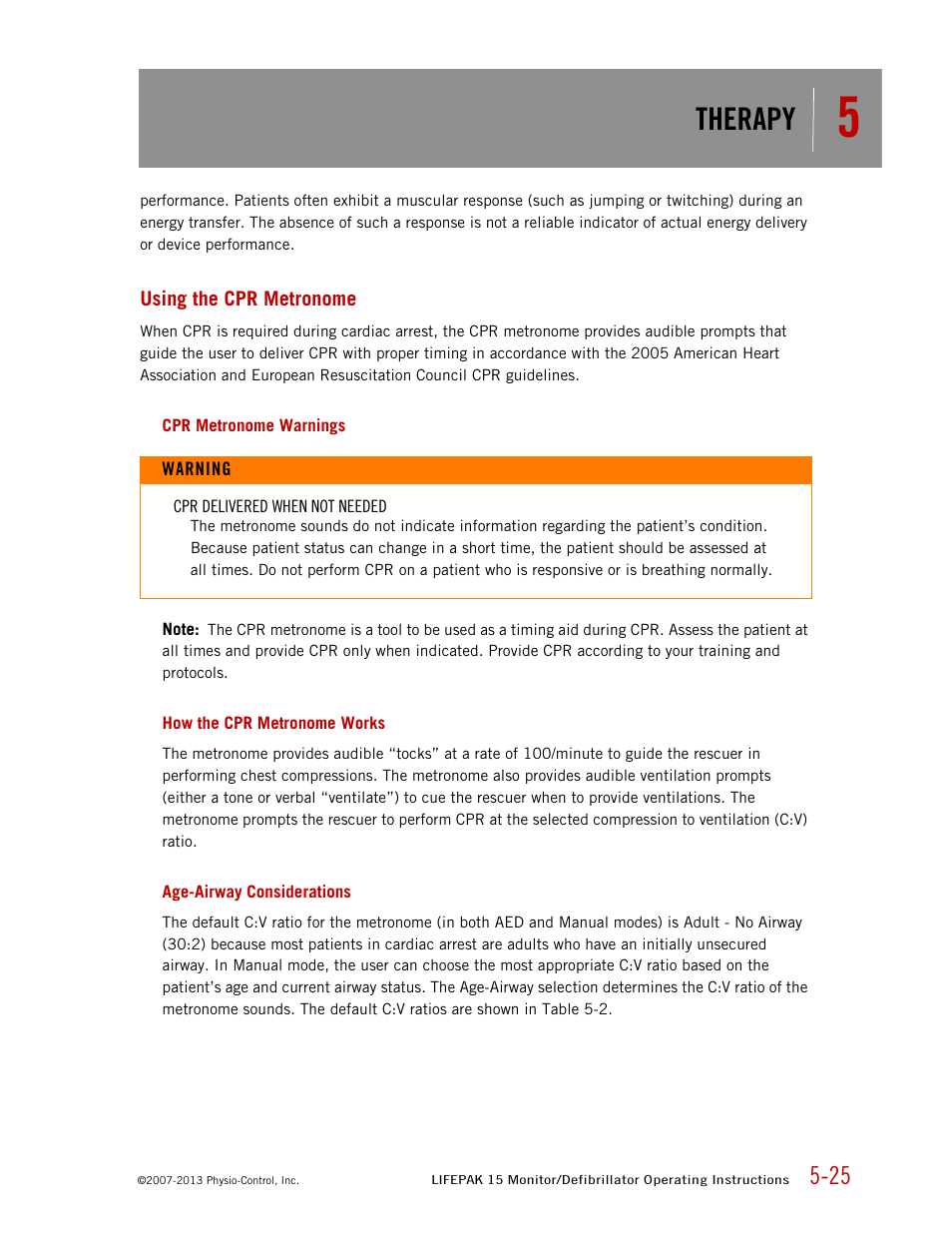 Using the cpr metronome, Cpr metronome warnings, How the cpr metronome works | Age-airway considerations, Therapy | Physio-Control LIFEPAK 15 User Manual | Page 139 / 290