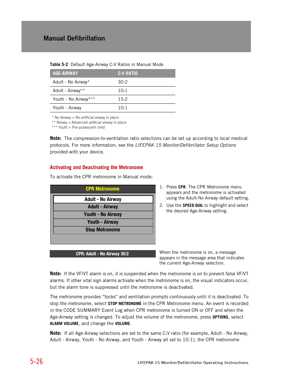 Activating and deactivating the metronome, Manual defibrillation | Physio-Control LIFEPAK 15 User Manual | Page 140 / 290