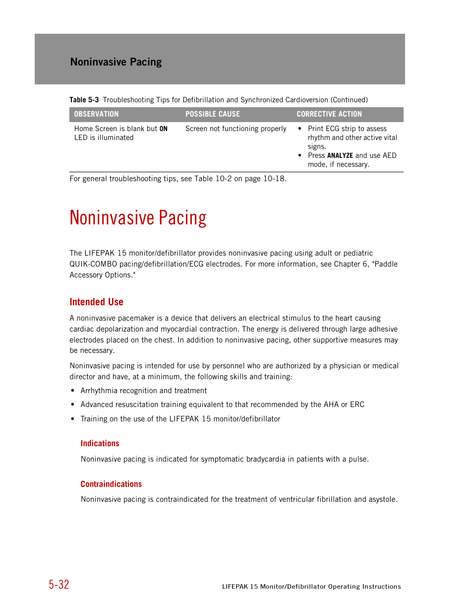 Noninvasive pacing, Intended use, Indications | Contraindications | Physio-Control LIFEPAK 15 User Manual | Page 146 / 290