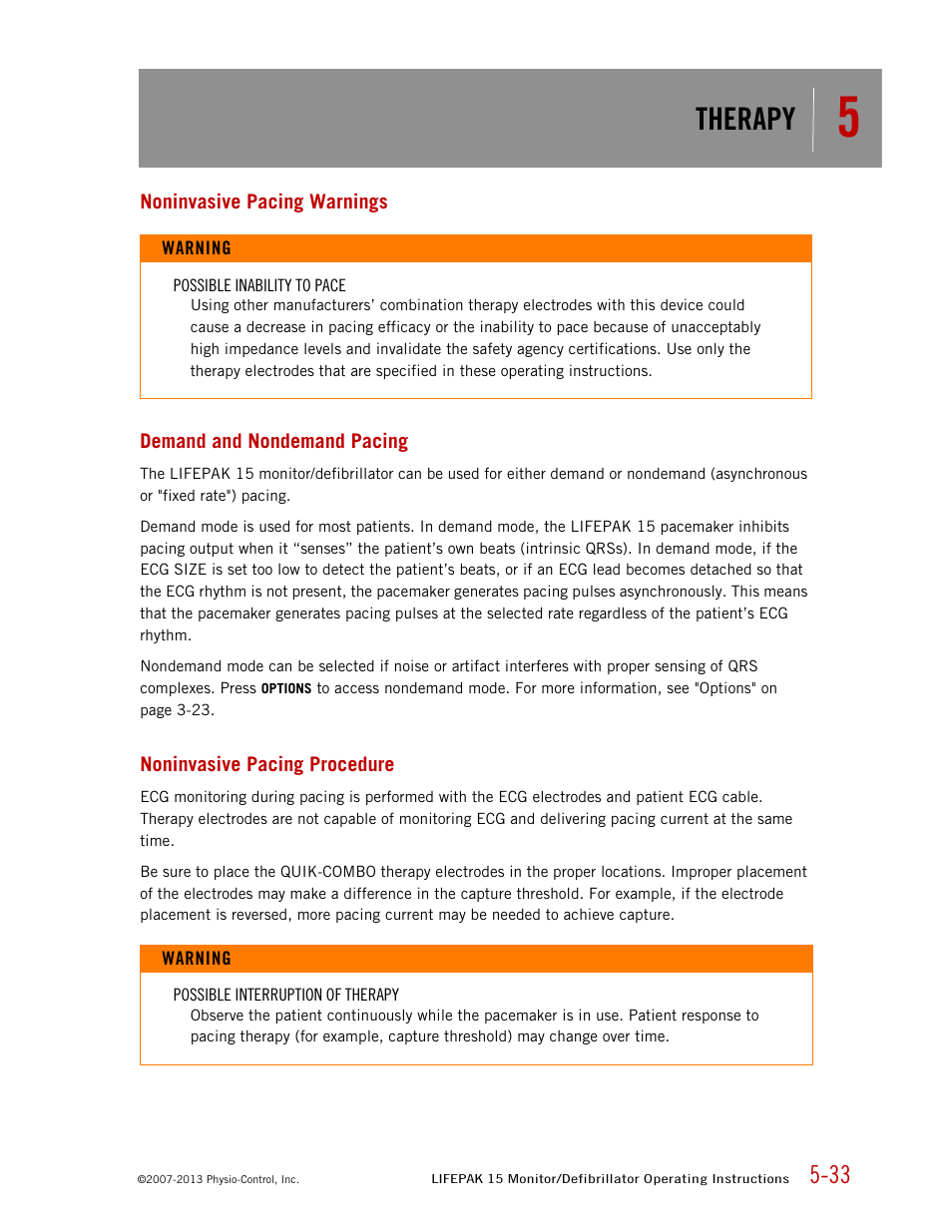 Noninvasive pacing warnings, Demand and nondemand pacing, Noninvasive pacing procedure | Therapy | Physio-Control LIFEPAK 15 User Manual | Page 147 / 290