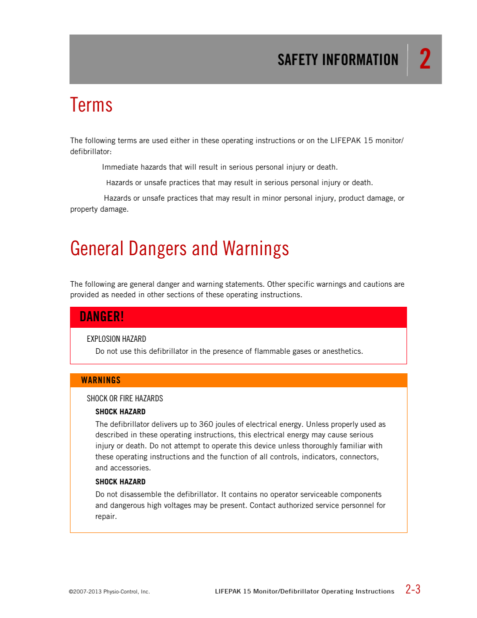 Terms, General dangers and warnings, Safety information | Danger | Physio-Control LIFEPAK 15 User Manual | Page 15 / 290