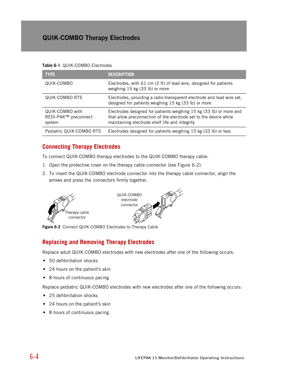 Connecting therapy electrodes, Replacing and removing therapy electrodes, Quik-combo therapy electrodes | Physio-Control LIFEPAK 15 User Manual | Page 158 / 290