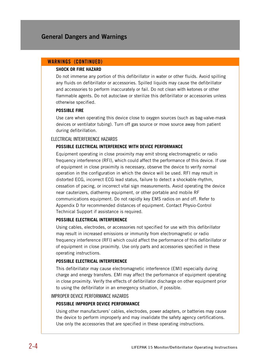 General dangers and warnings | Physio-Control LIFEPAK 15 User Manual | Page 16 / 290