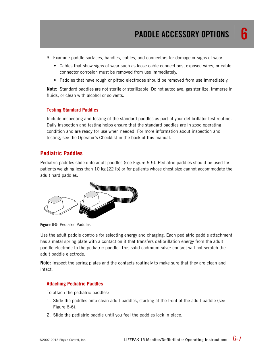Testing standard paddles, Pediatric paddles, Attaching pediatric paddles | Paddle accessory options | Physio-Control LIFEPAK 15 User Manual | Page 161 / 290