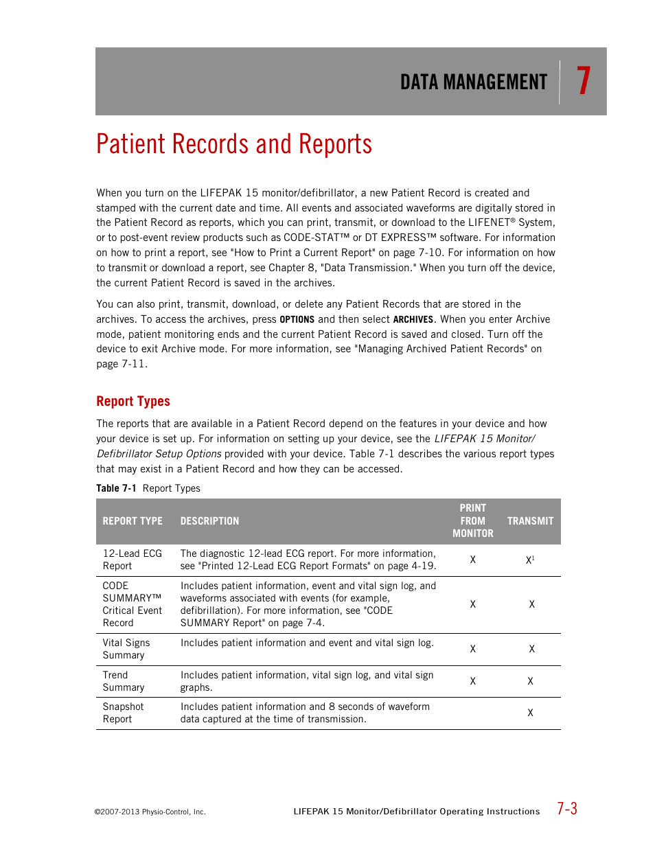 Patient records and reports, Report types, Data management | Physio-Control LIFEPAK 15 User Manual | Page 167 / 290