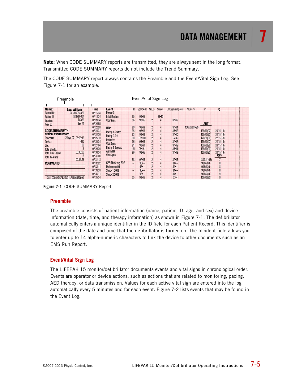 Preamble, Event/vital sign log, Data management | Physio-Control LIFEPAK 15 User Manual | Page 169 / 290