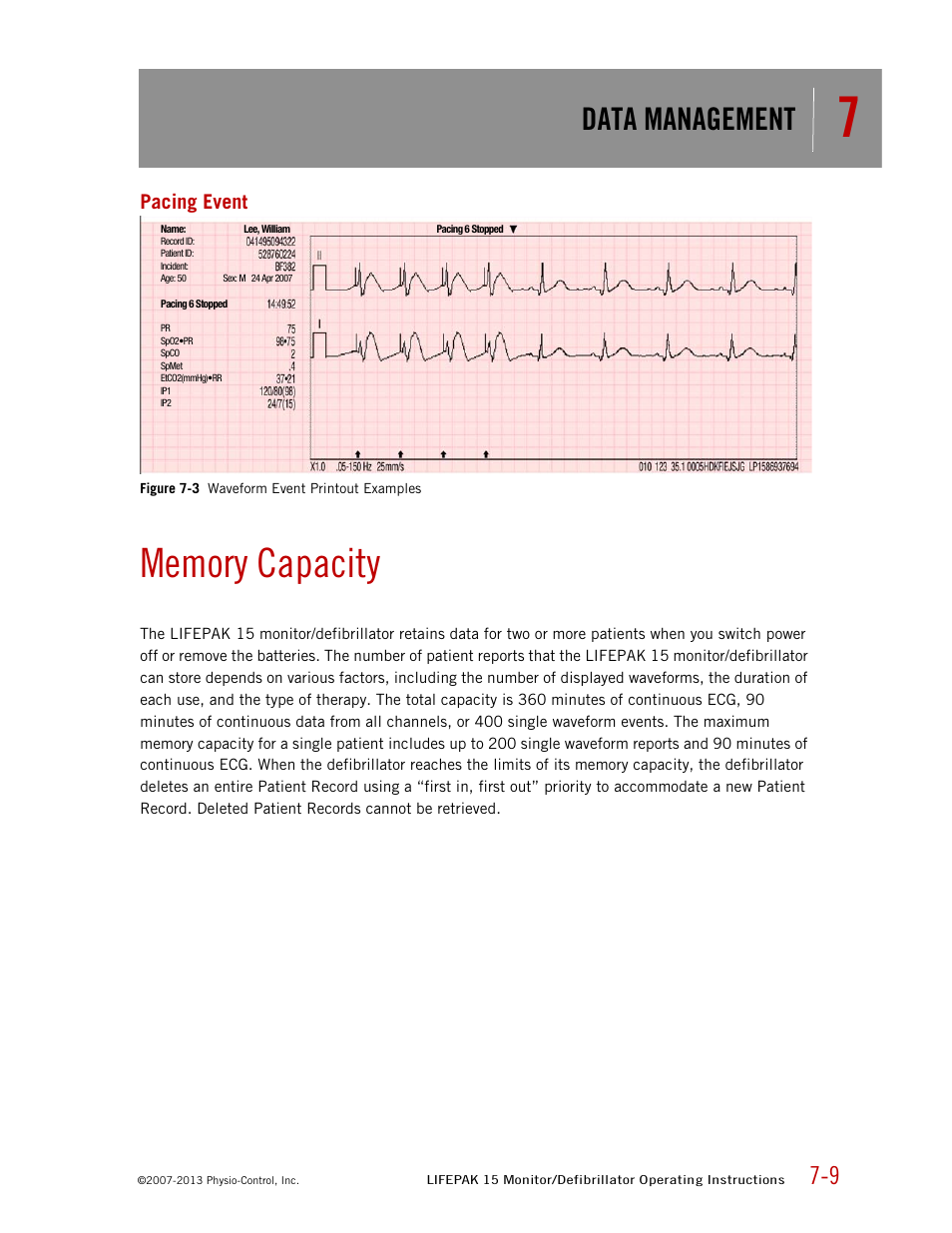 Pacing event, Memory capacity, Data management | Physio-Control LIFEPAK 15 User Manual | Page 173 / 290