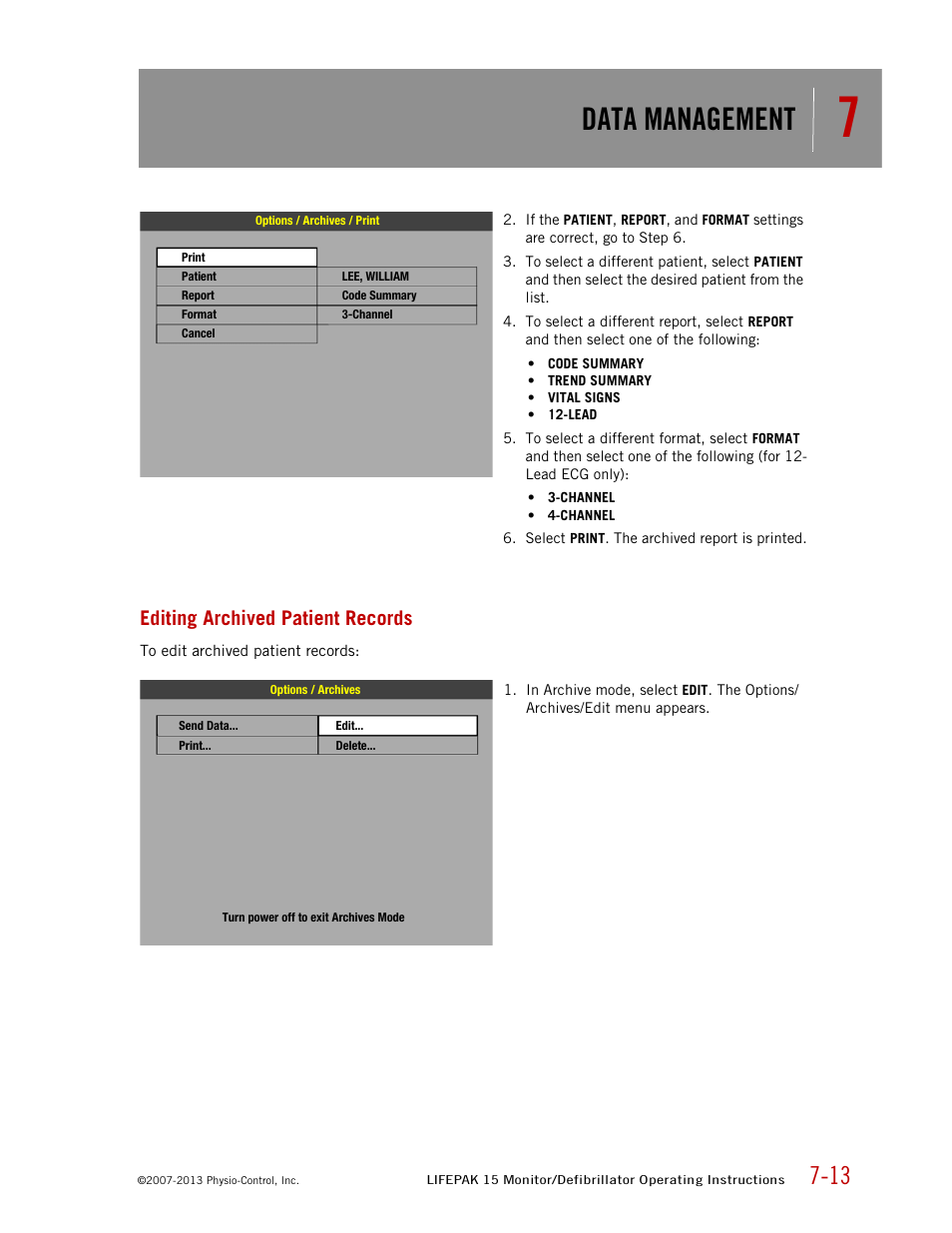 Editing archived patient records, Data management | Physio-Control LIFEPAK 15 User Manual | Page 177 / 290